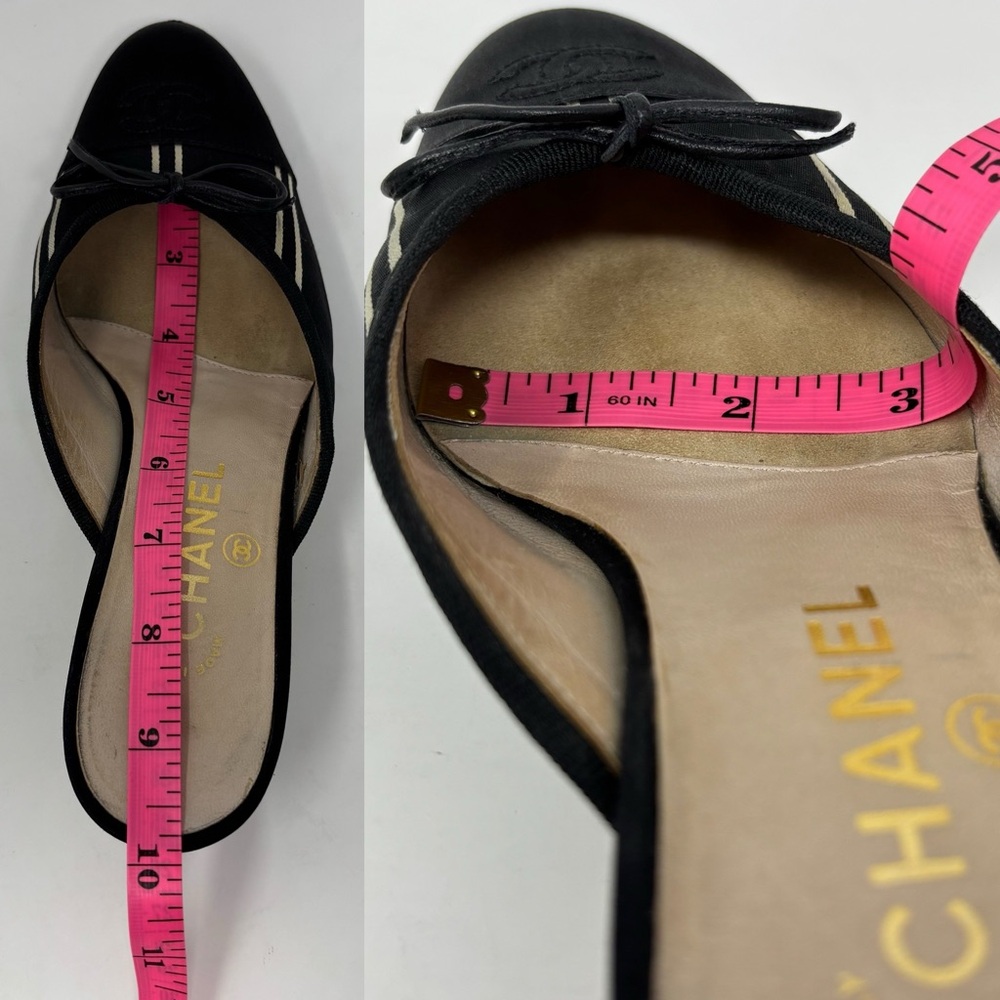 Chanel CC Cap Toe Bow Mules Black Canvas Kitten Heel Size 37.5 Y2K Vintage Satin - Picture 15 of 16